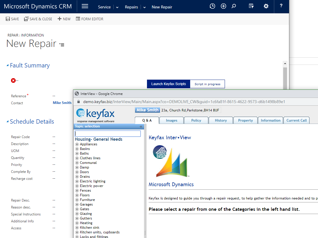 launching a repair for Keyfax from Dynamics CRM