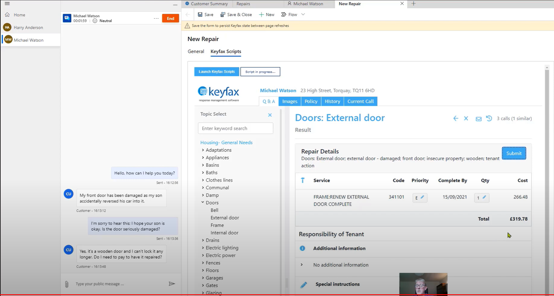 Keyfax launched through Dynamics 365 and KeyNamics with Keyfax alonside chat dialogue