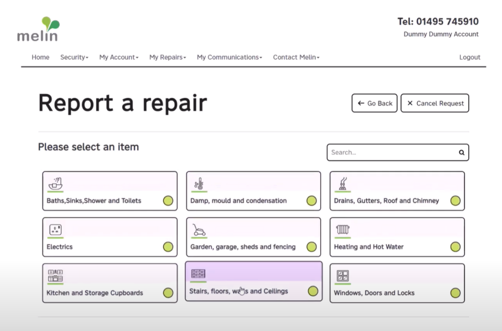 View of the Melin Homes tenant portal offering repairs categories to the tenant